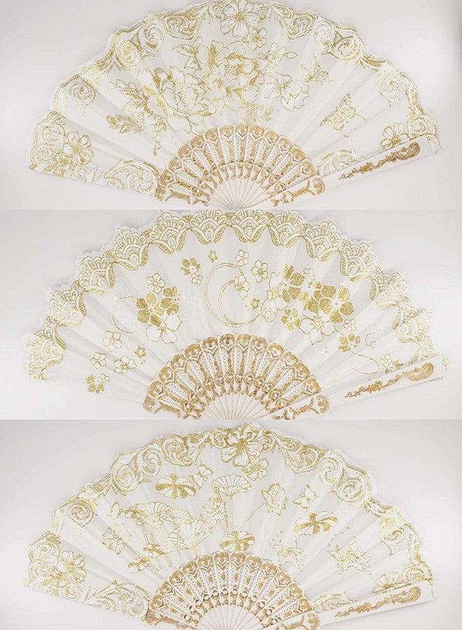 YRP 12 Pc Mix Spanish Style White and Gold Glitter Floral Pattern Folding Fan for Sweet 15 Favors/Dancing Hand Fan/Table Setting/Wall Decoration/Outdoor Wedding Gift - Image 3